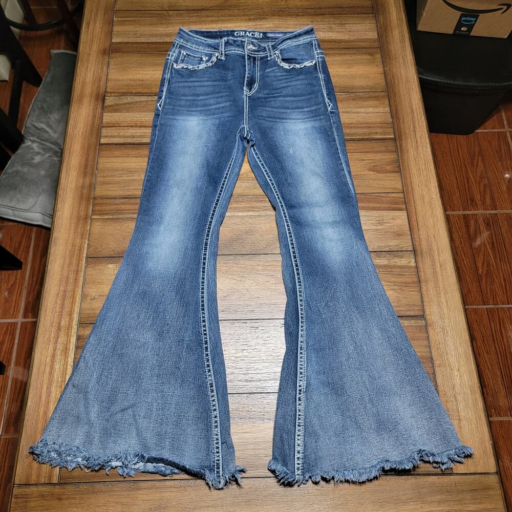 Grace In LA High Waist Denim Jeans w/ Raw Hem Bell Bottoms & Bling - Size 28